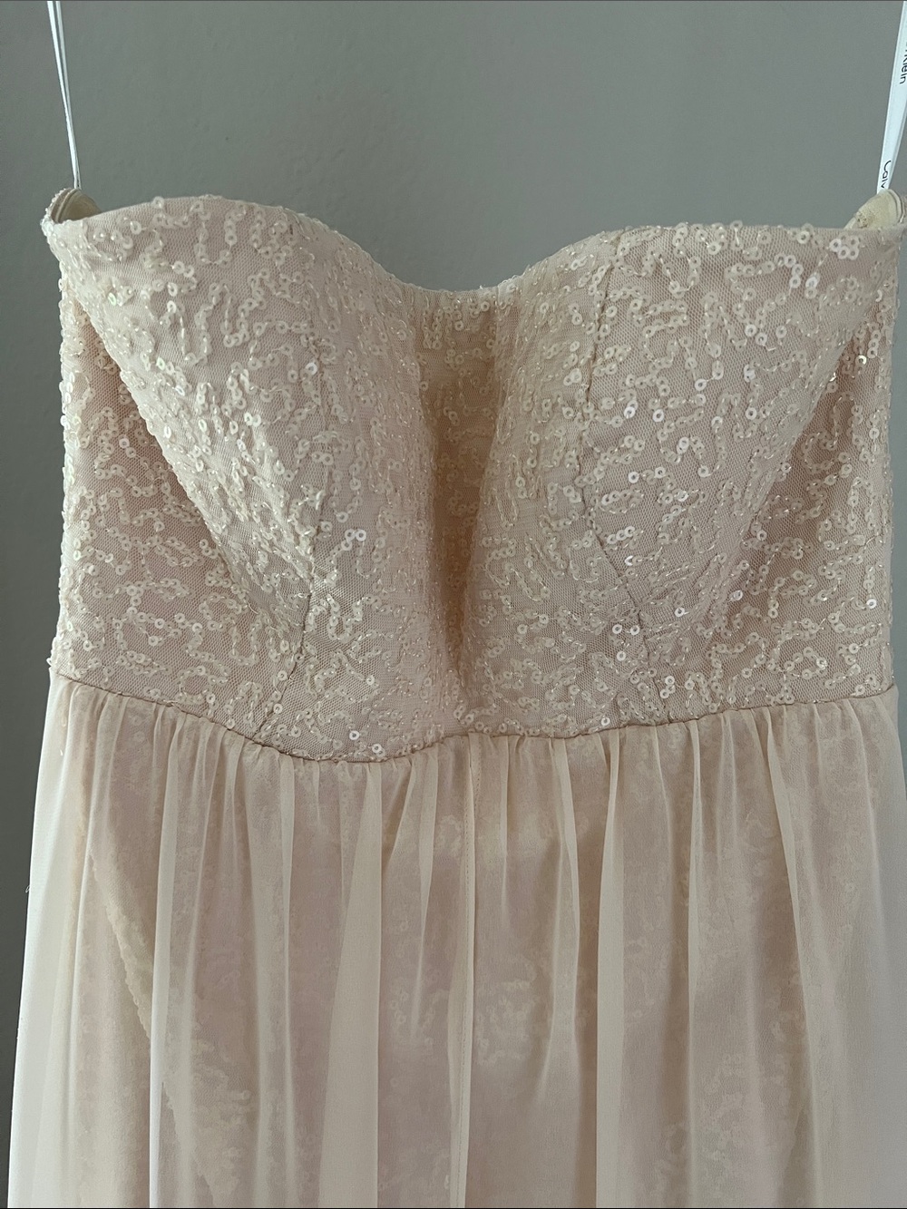 Calvin Klein Strapless Blush Pink Sequined Mini with Sheer Overlay
